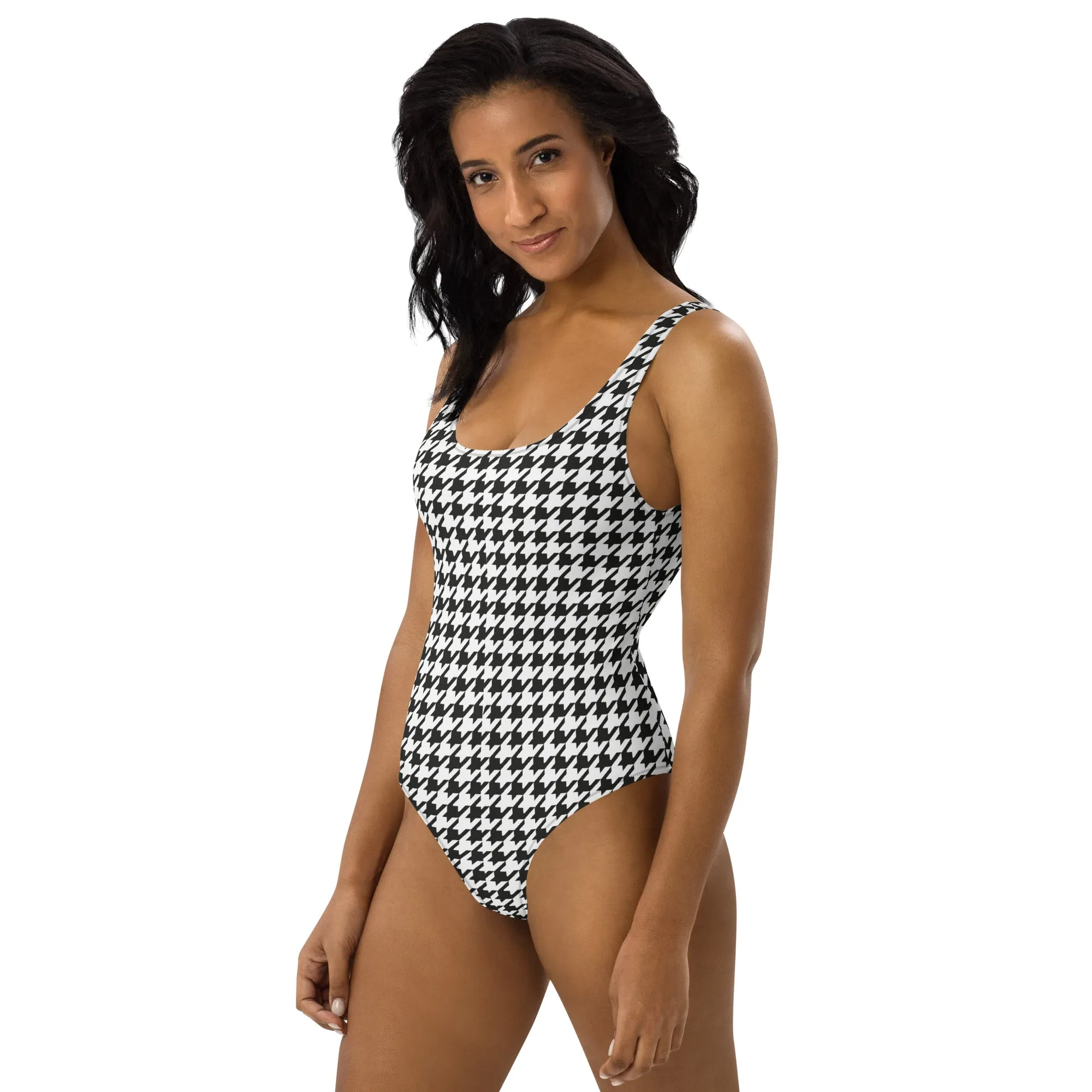 Black & White Houndstooth Print One-Piece Swimsuit