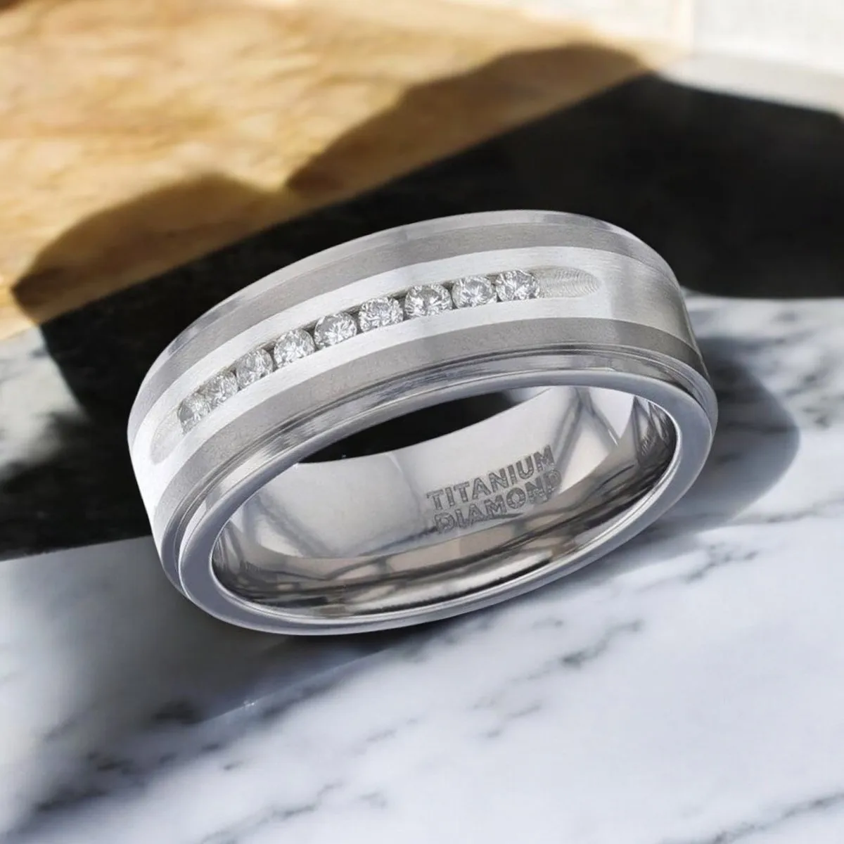 BOND | Silver Titanium Ring, Sterling Inlay, White Diamonds, Stepped Edge