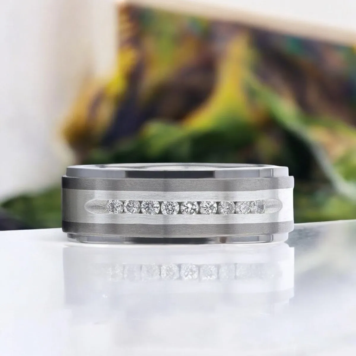 BOND | Silver Titanium Ring, Sterling Inlay, White Diamonds, Stepped Edge