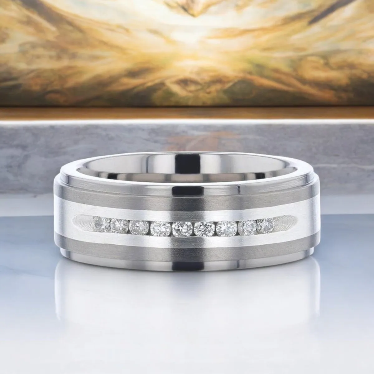 BOND | Silver Titanium Ring, Sterling Inlay, White Diamonds, Stepped Edge