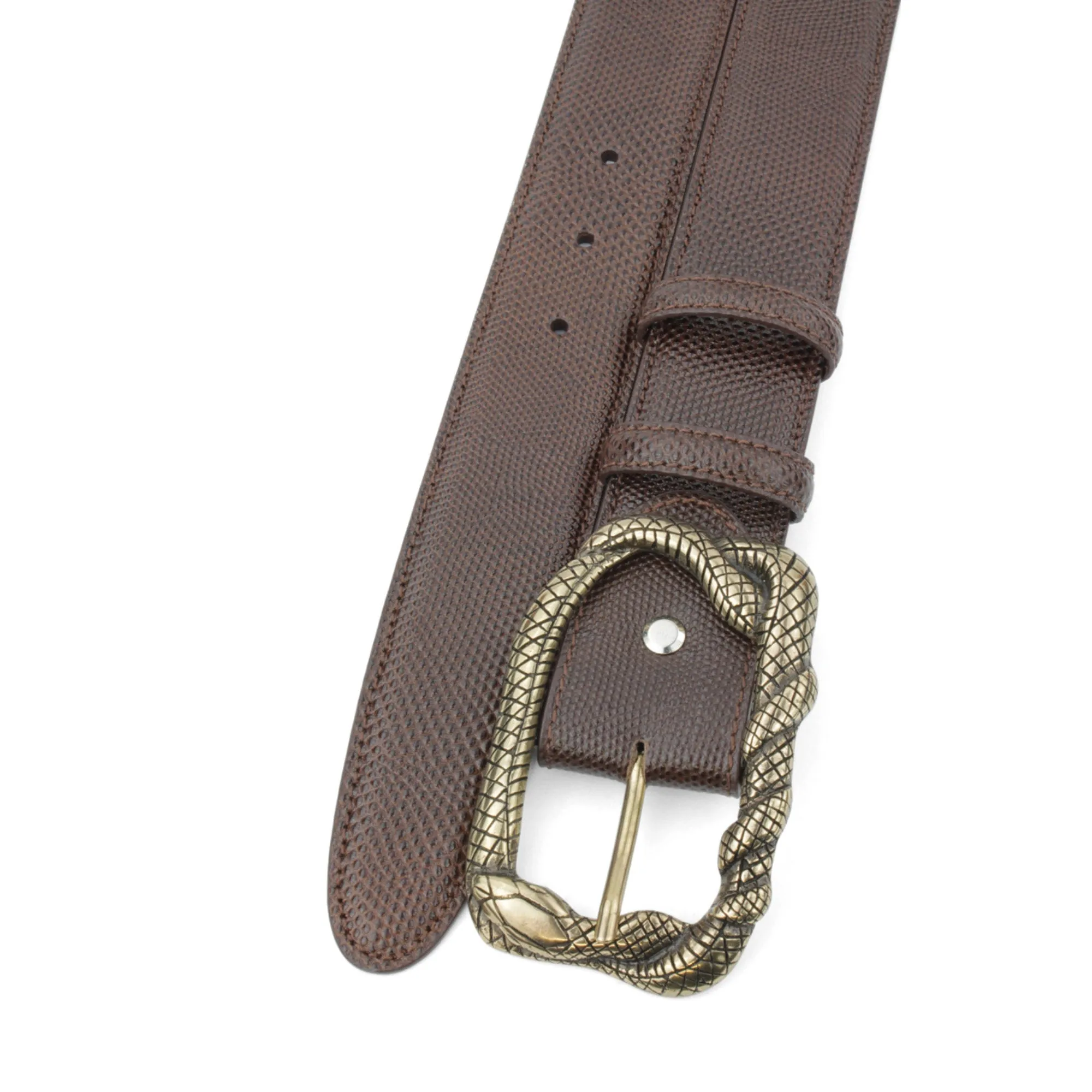 Dark Brown Carung Texture Snake Prong Belt