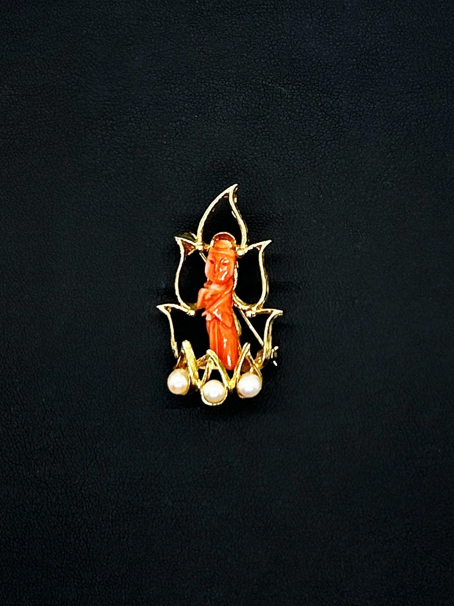 Elegant Asian Lady Coral and Pearl Brooch