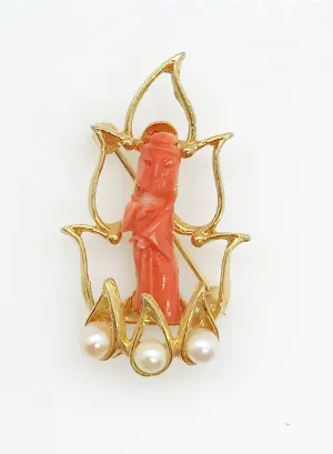 Elegant Asian Lady Coral and Pearl Brooch