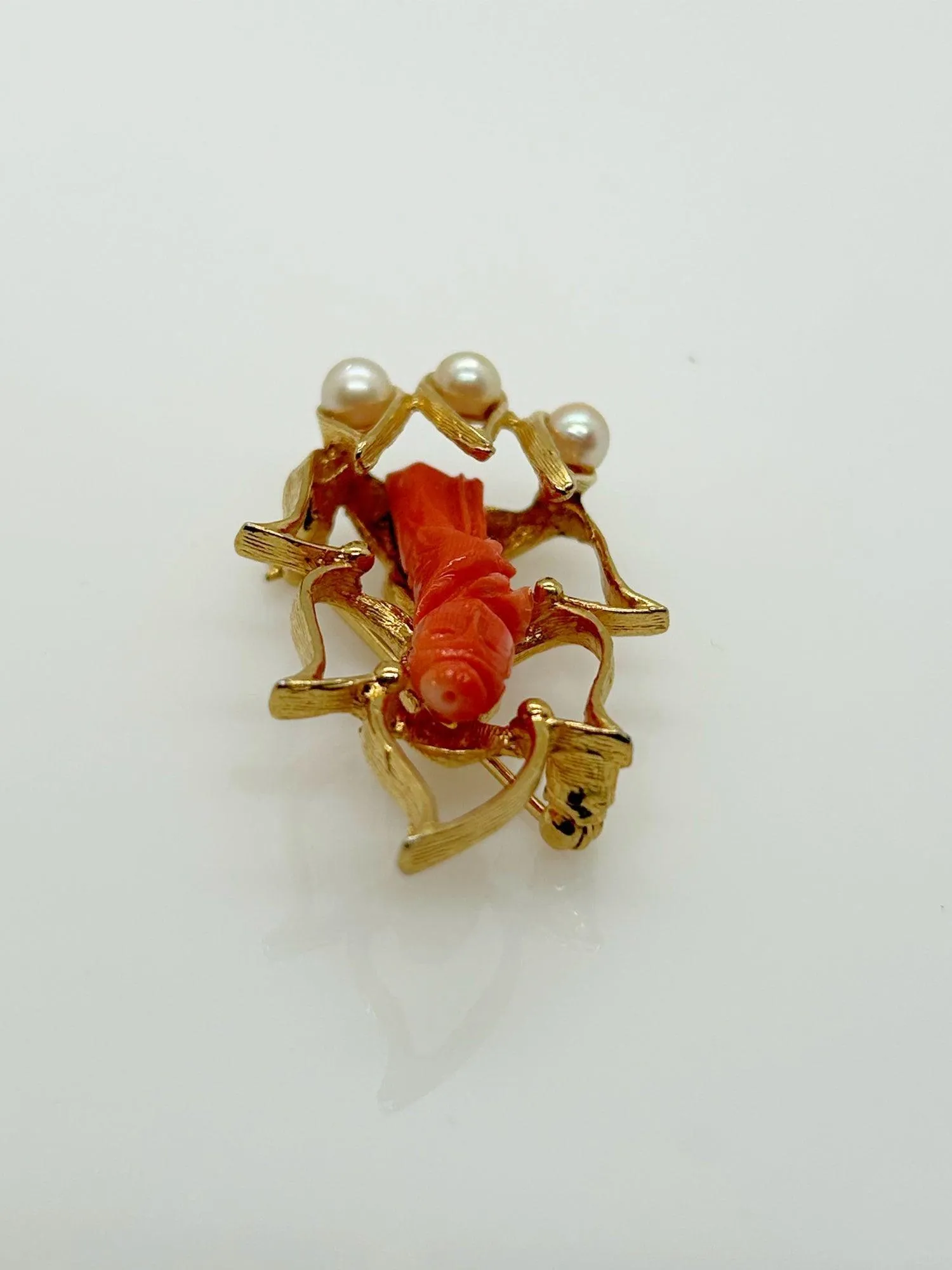 Elegant Asian Lady Coral and Pearl Brooch