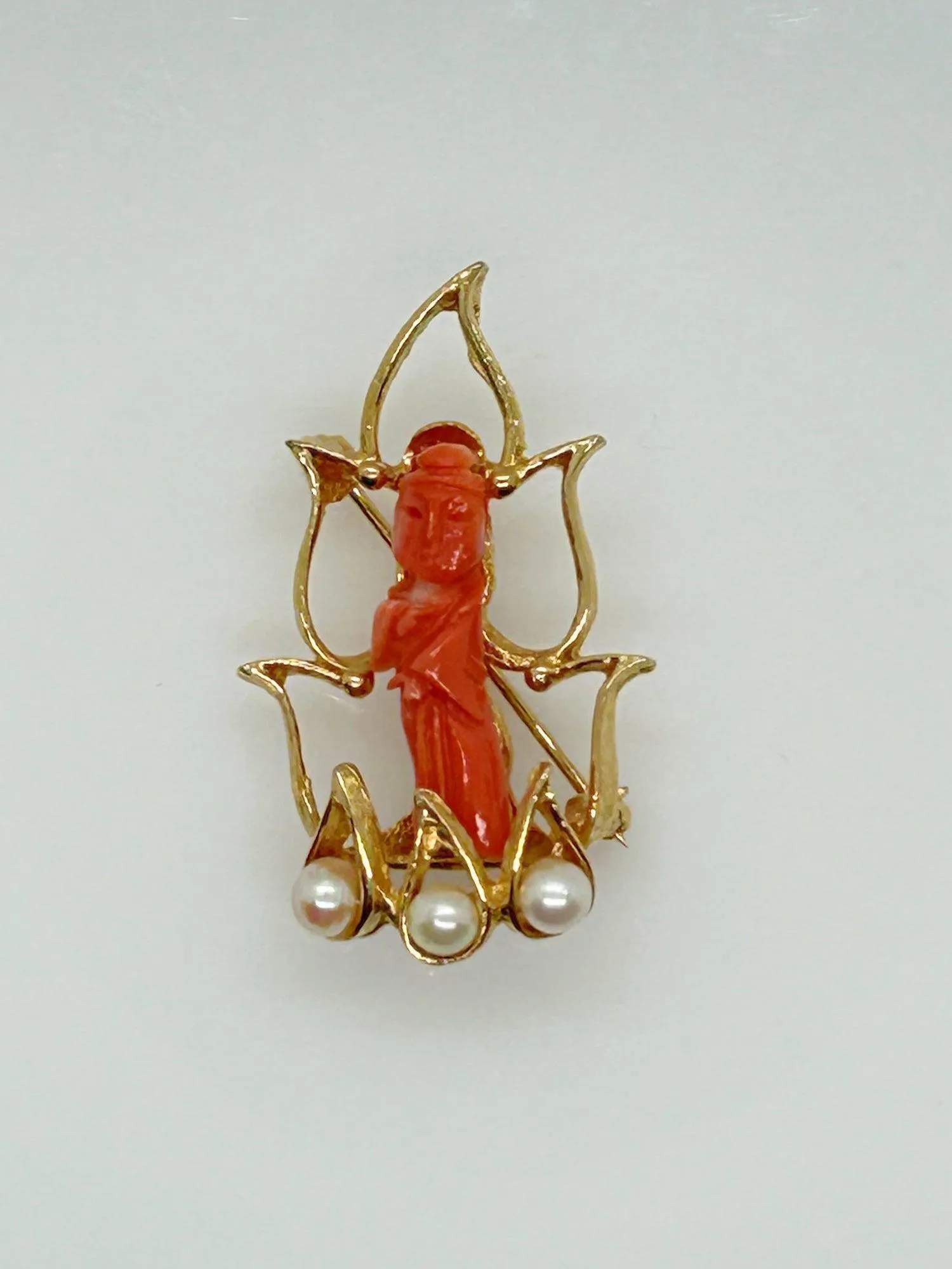 Elegant Asian Lady Coral and Pearl Brooch