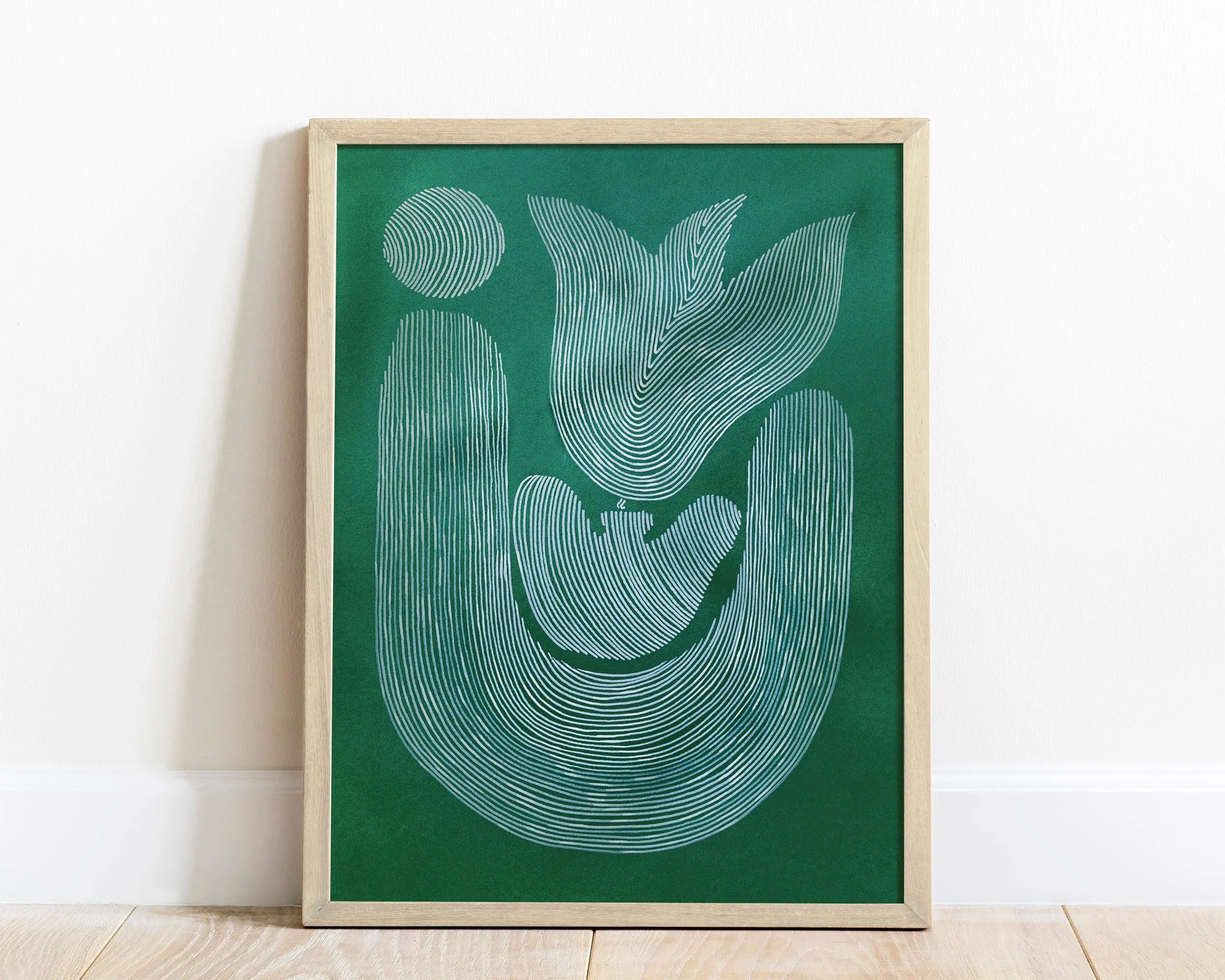 Emerald green Abstract flower line shapes artwork for Nature lover gift UNFRAMED