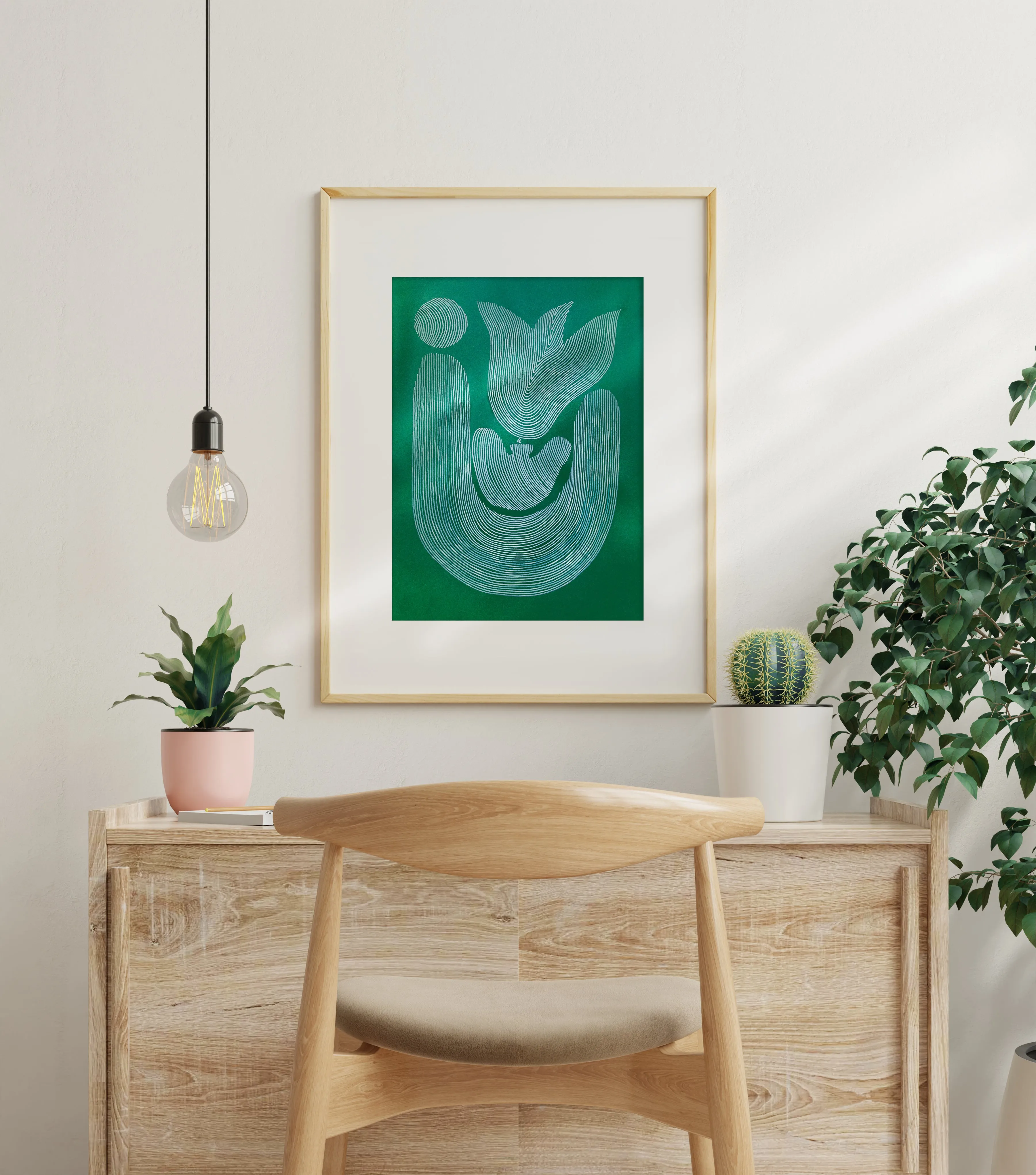 Emerald green Abstract flower line shapes artwork for Nature lover gift UNFRAMED