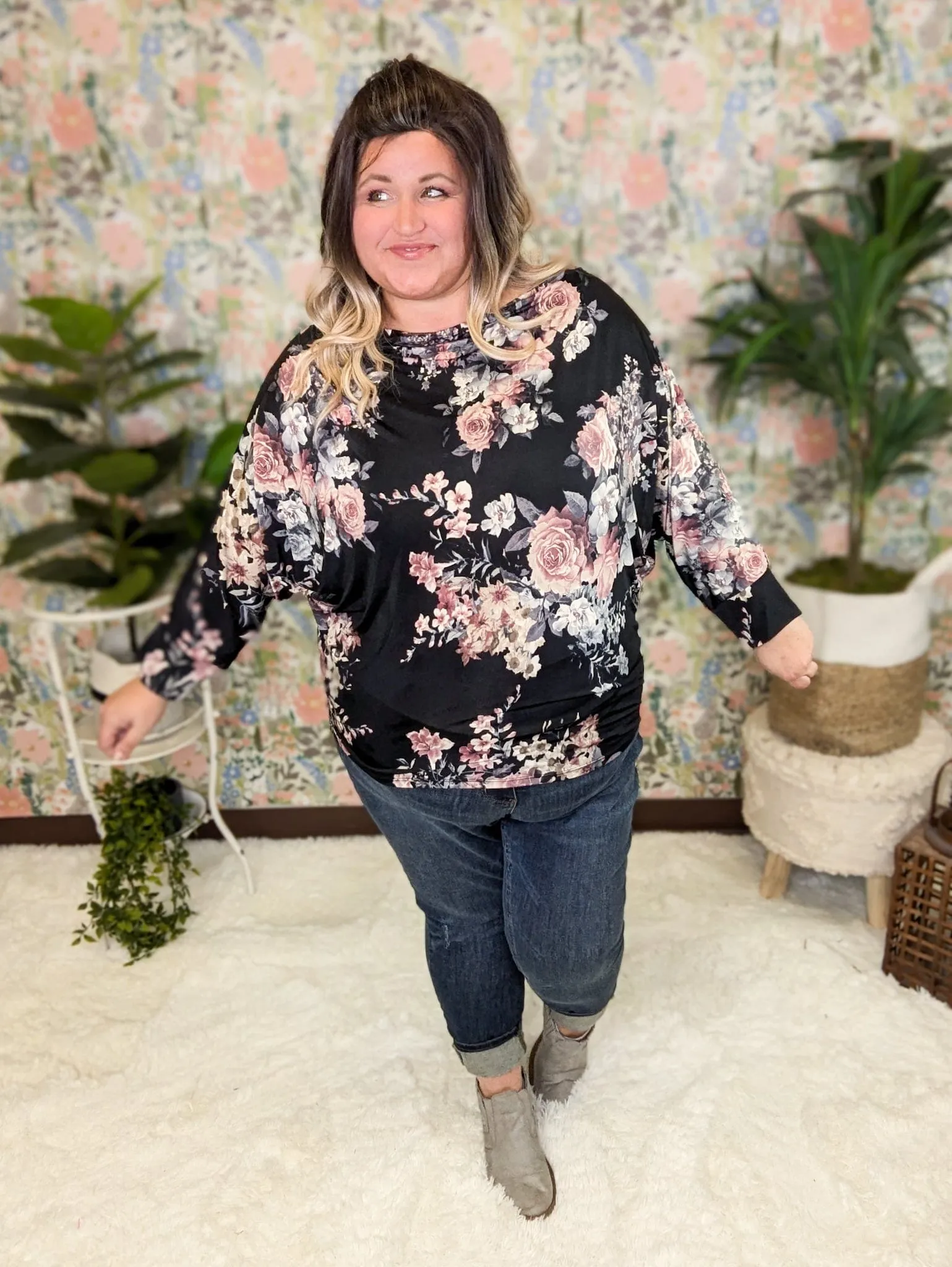 Gale Boatneck Long Sleeve Dolman Top in Black Floral