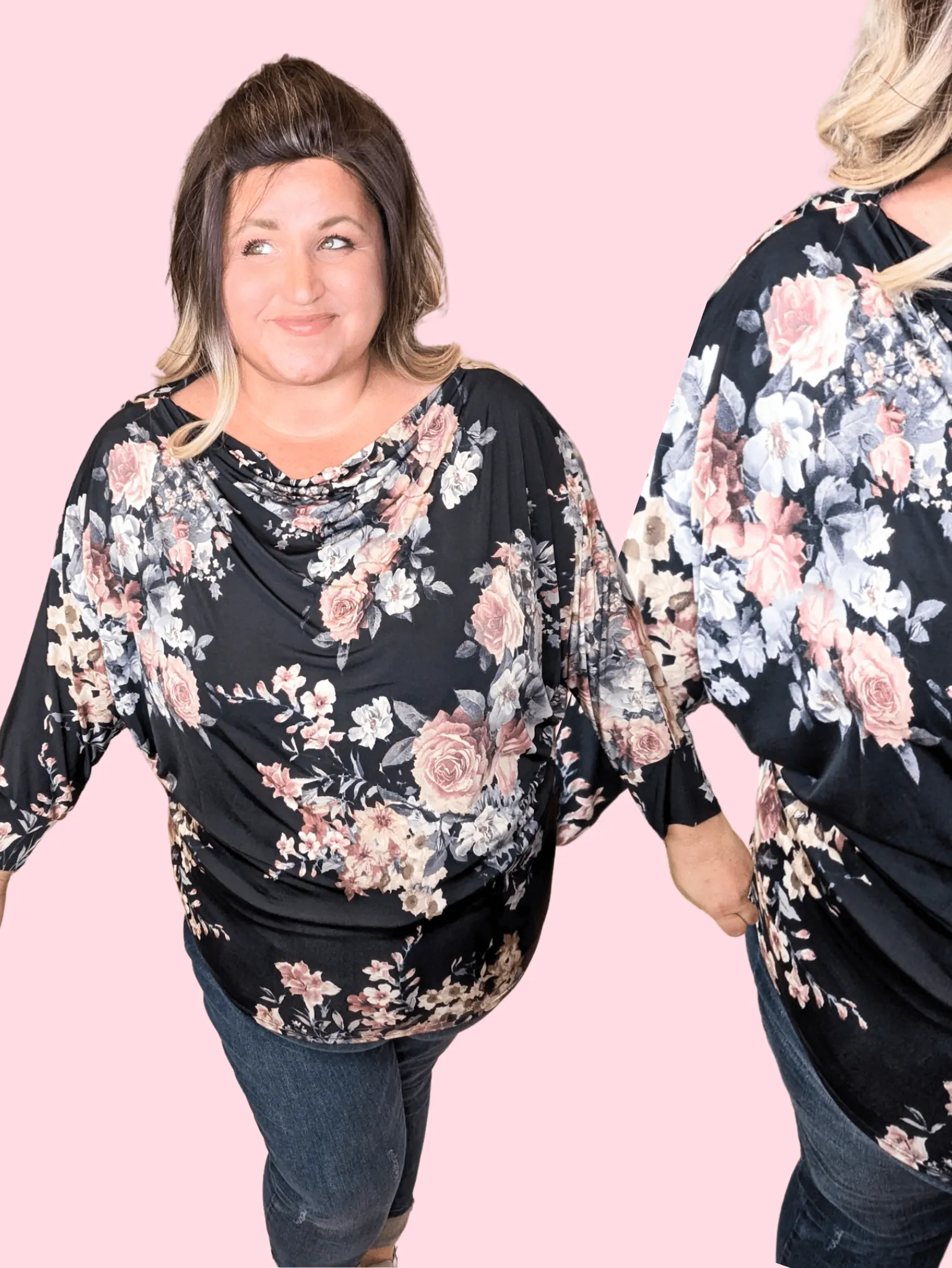 Gale Boatneck Long Sleeve Dolman Top in Black Floral