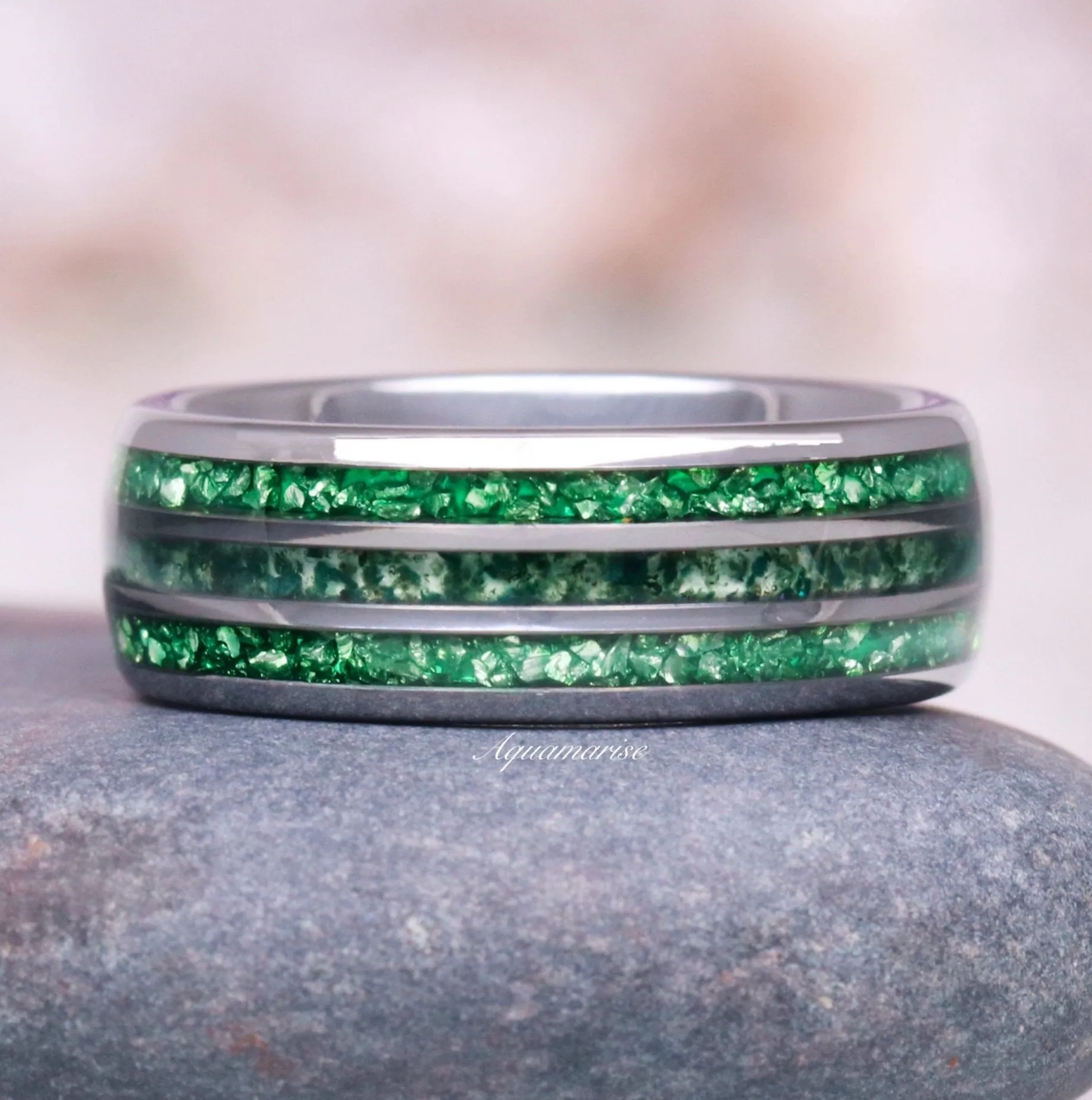 Moss Agate & Emerald Wedding Band- 8MM Tungsten