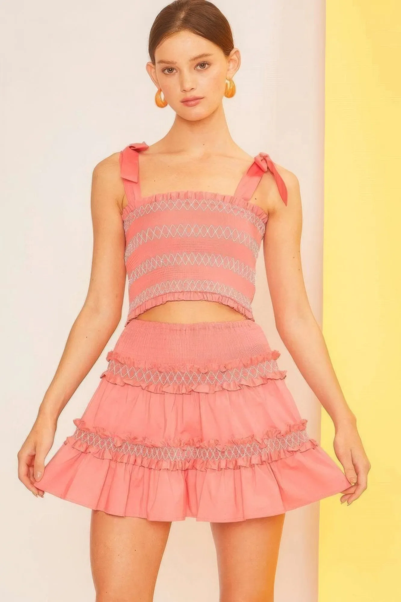 Stylish Mini Skirt with Chic Waist-Smocking, Ruffles & Shirring